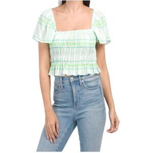 Zara‎ Green And White Plaid Square Neck Puff Sleeve Smocked Cropped Top Size XS